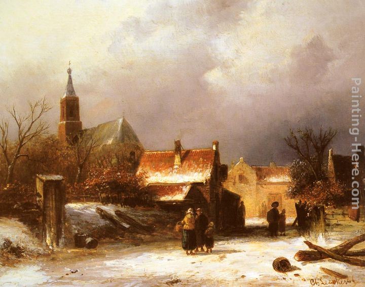 Charles Henri Joseph Leickert Figures on a Snow Covered Path with a Dutch Town beyond
